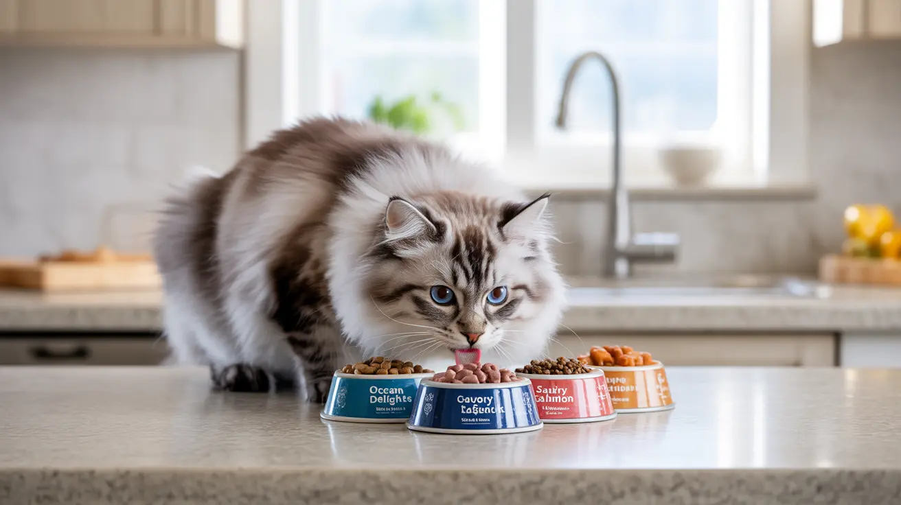 Fluffy Ragdoll cat eating from multiple pet food bowls on a kitchen counter