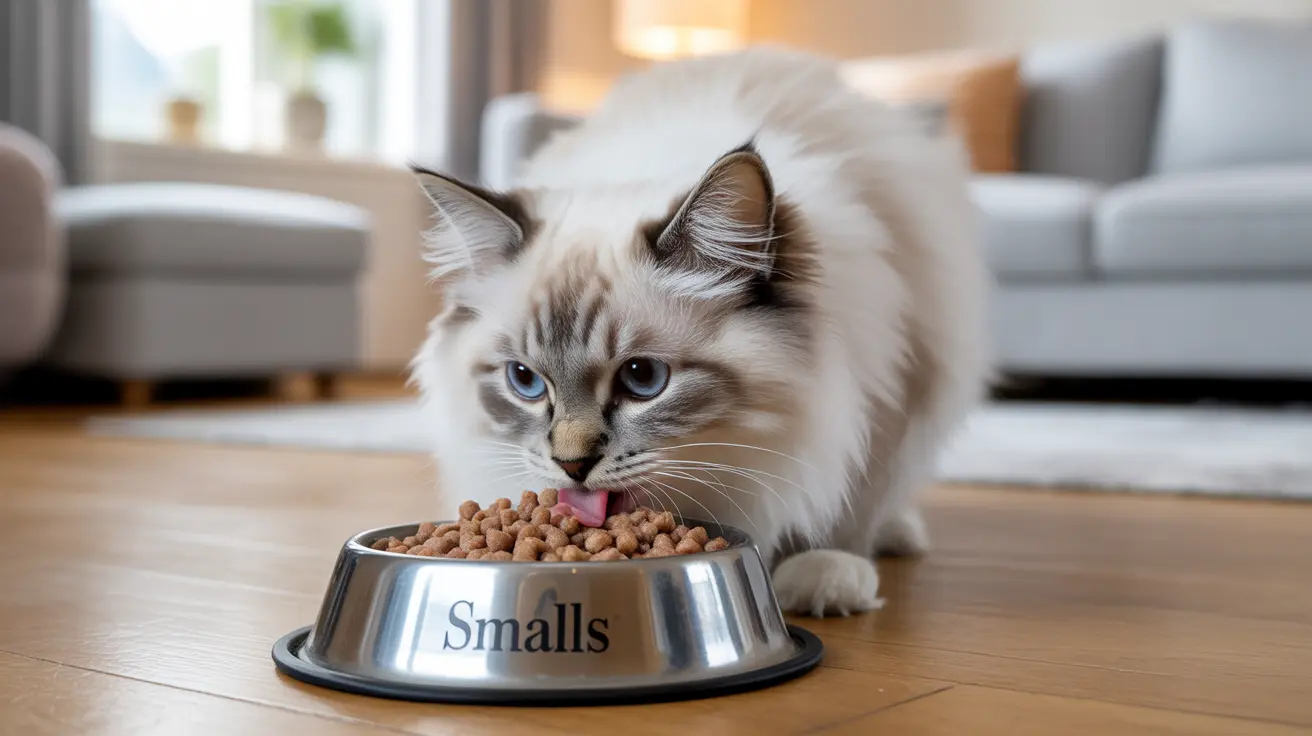 A fluffy white and gray Ragdoll cat eating dry food from a metal 'Smalls' branded pet bowl