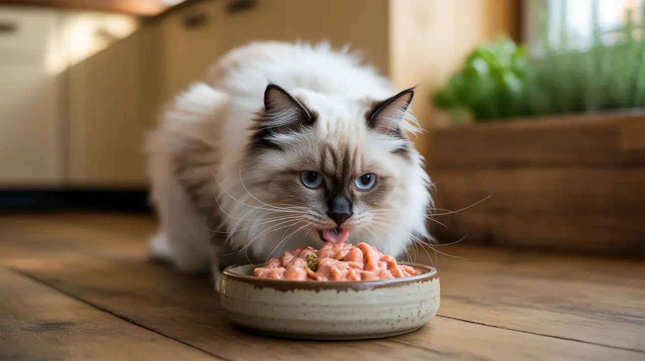 A fluffy white and gray Ragdoll cat eating wet food from a ceramic bowl