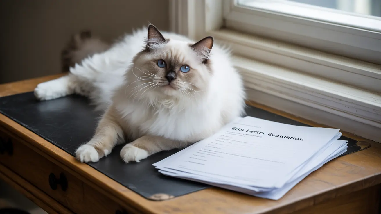 A fluffy white Ragdoll cat with striking blue eyes sitting next to an ESA Letter Evaluation form near a window