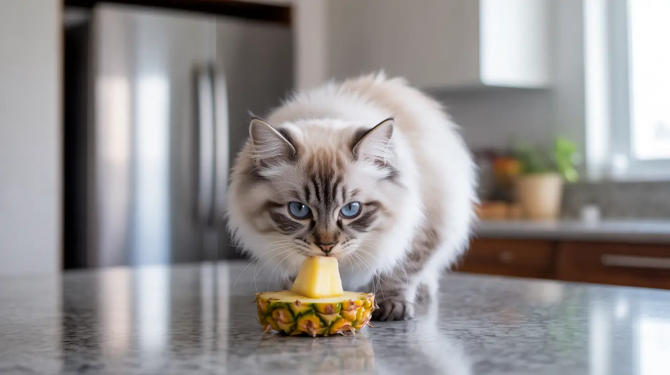 A fluffy white and gray Ragdoll cat exploring a halved pineapple on a kitchen counter