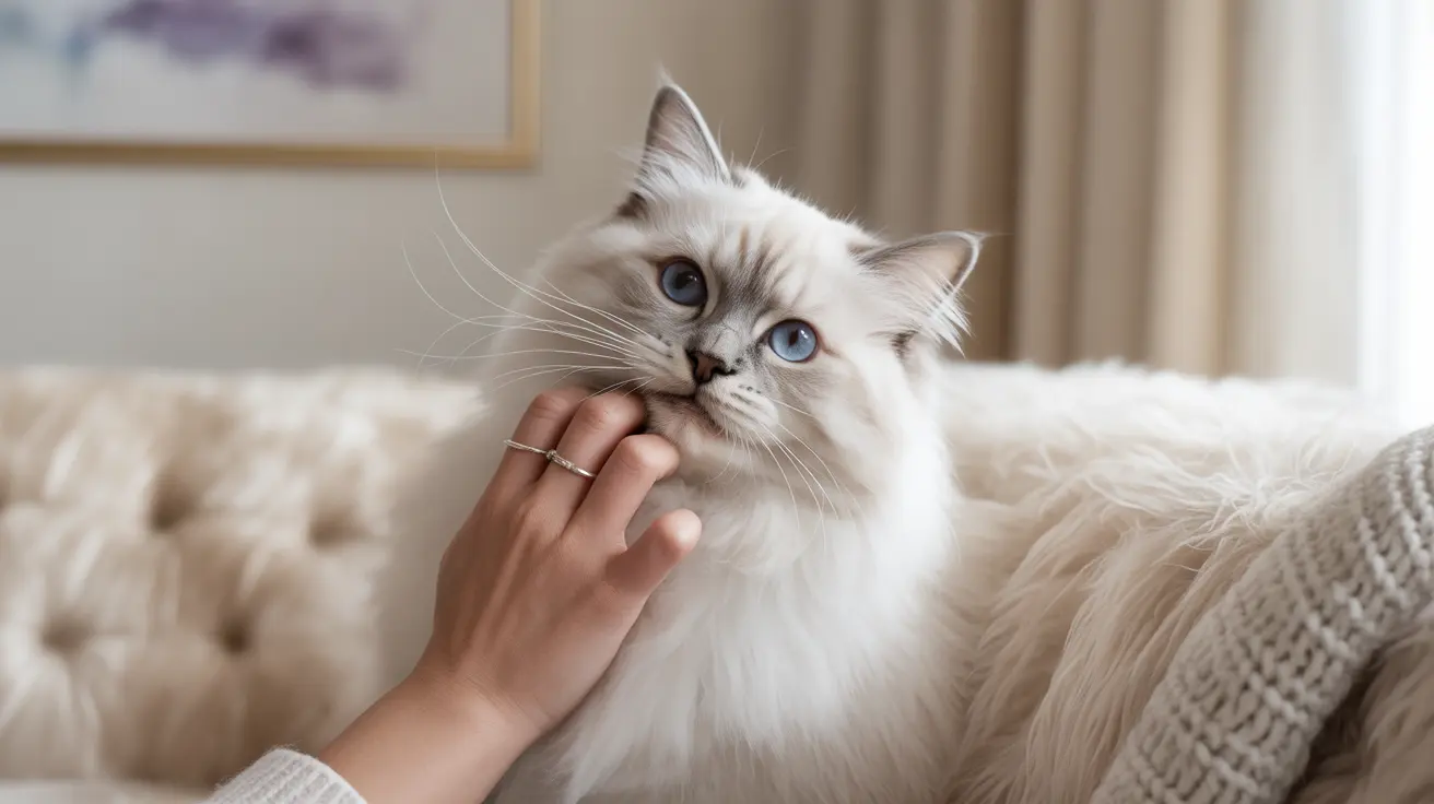 柔らかくてふわふわのソファの上にいる美しい白いラグドール猫が、手で優しくなでられている様子