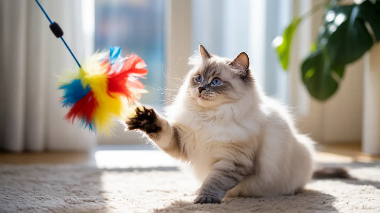Fluffy white and gray Ragdoll cat playing with colorful feather toy near a bright window