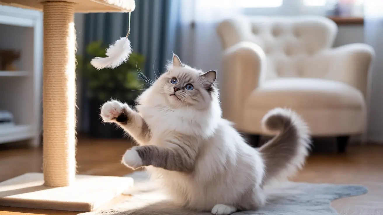 A fluffy white and gray Ragdoll cat playfully batting at a hanging white feather toy near a cat scratching post