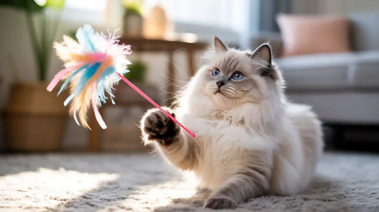 A fluffy white Ragdoll cat playing with a colorful feather wand toy on a soft carpet in a bright living room