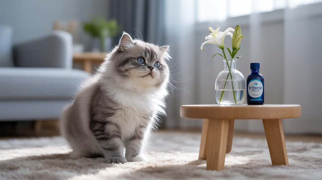 ふわふわのラグドール猫が柔らかいカーペットの上に座り、小さな木製スツールのそばに置かれたファブリーズの消臭剤と白いユリの花瓶の近くにいる様子