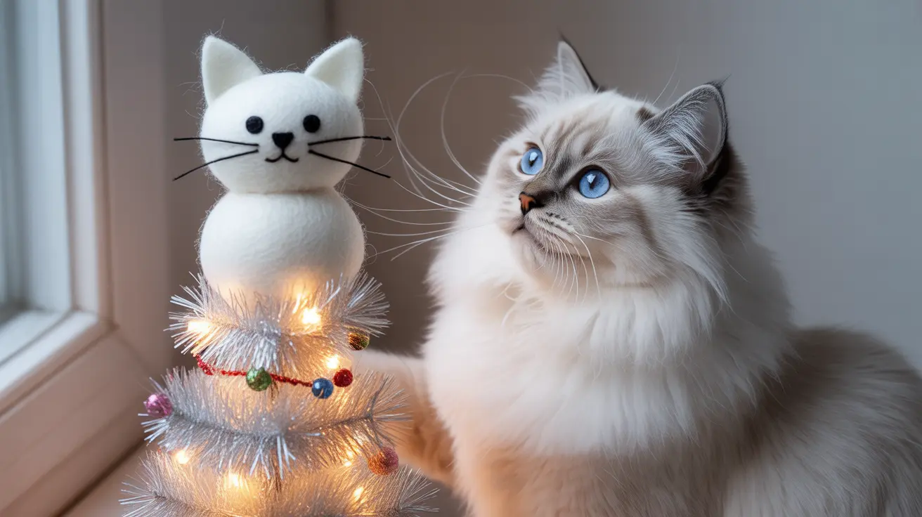 A fluffy white Ragdoll cat sitting next to a festive cat-shaped snowman decoration with string lights