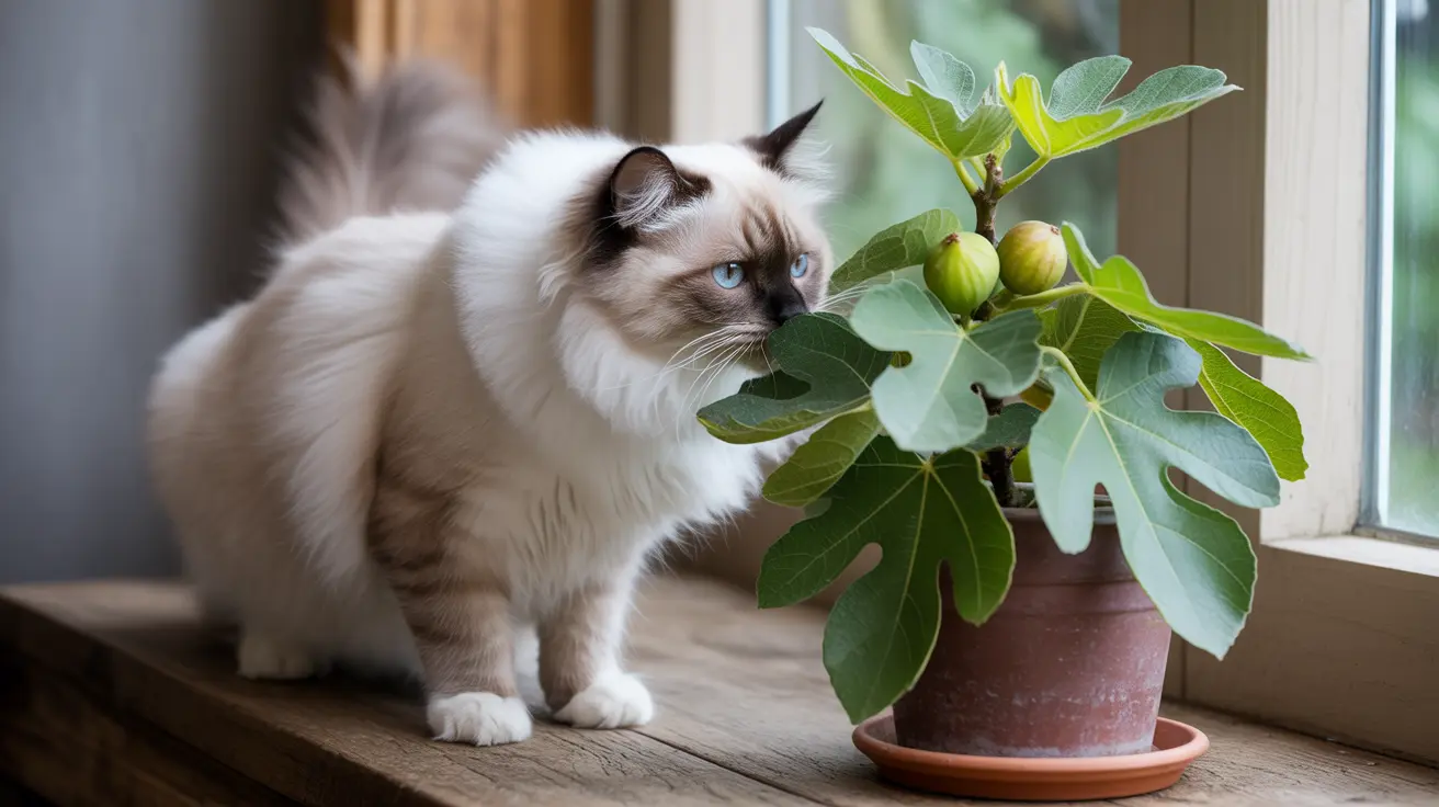 Un gato Ragdoll blanco y crema esponjoso sentado junto a una planta de higuera en maceta con frutos verdes cerca de una ventana