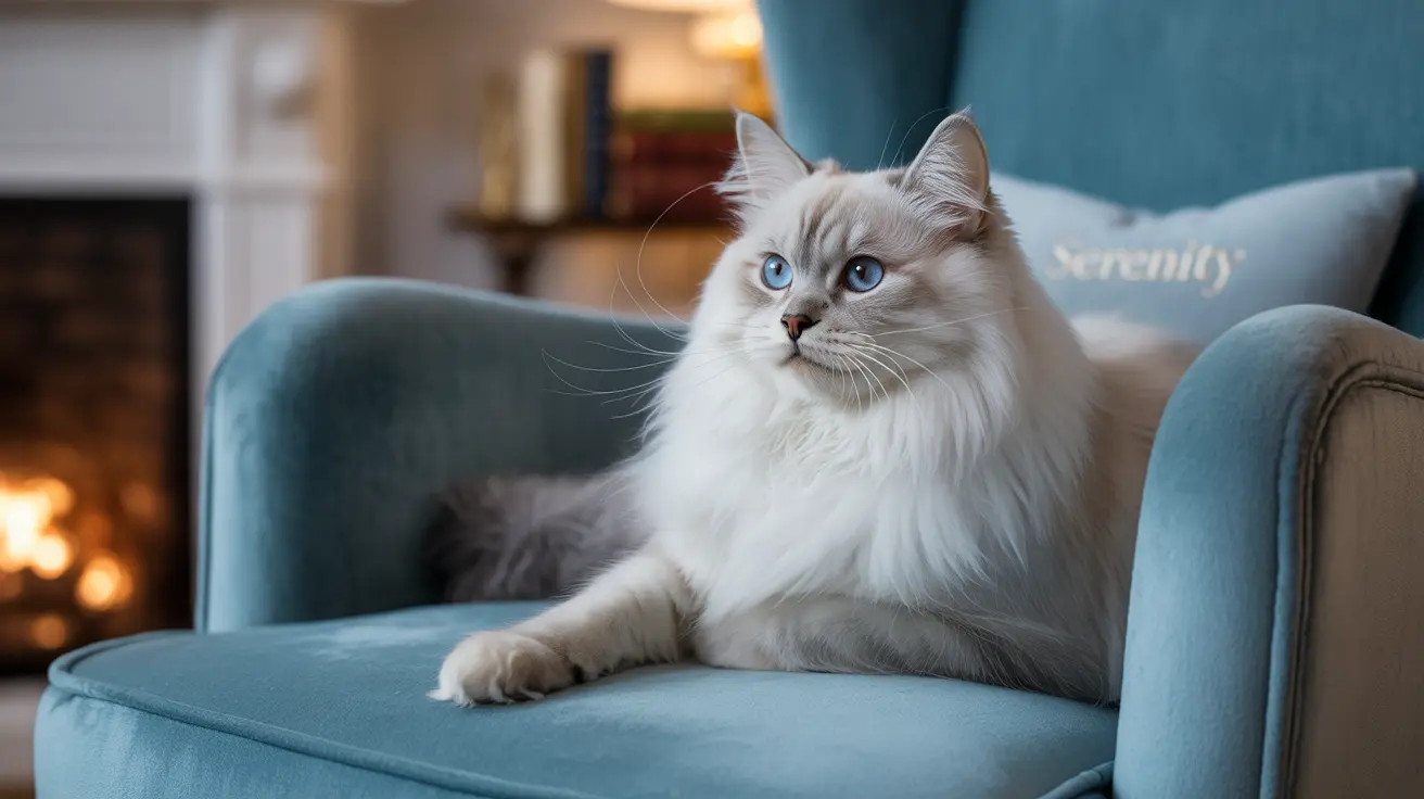 A majestic white and cream Ragdoll cat sitting elegantly on a blue armchair near a warm fireplace