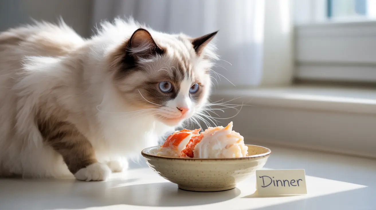 A fluffy Ragdoll cat sitting near a bowl of fish, intently looking at its dinner