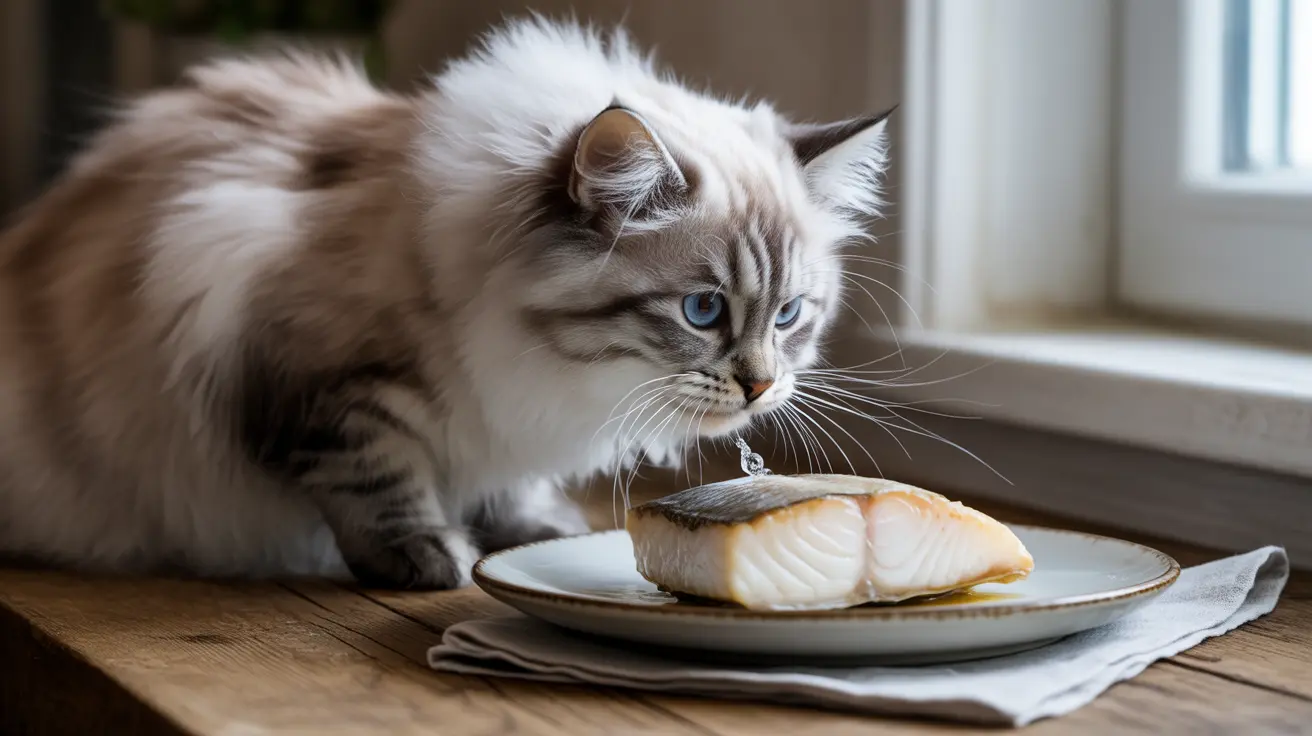 A fluffy white and gray Ragdoll cat intently looking at a piece of cooked fish on a plate near a window