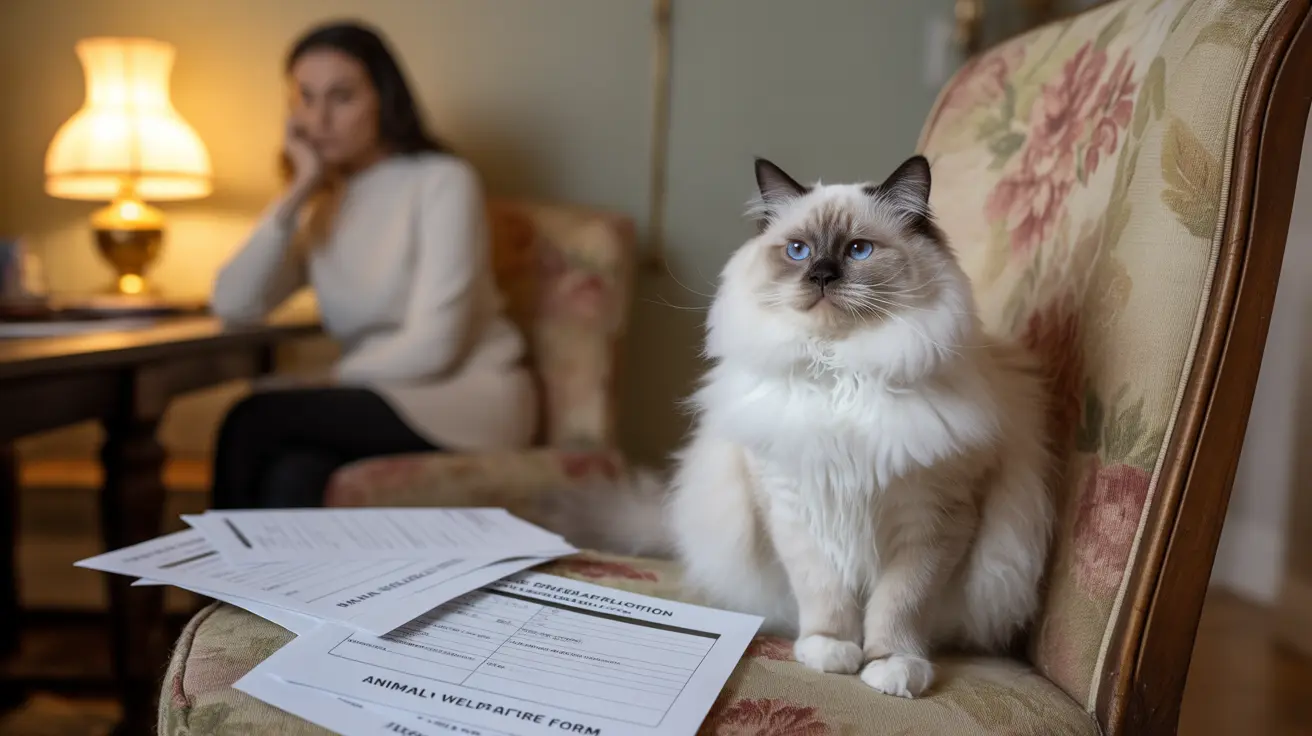 White Ragdoll cat sitting on a floral-patterned chair with animal welfare forms in front
