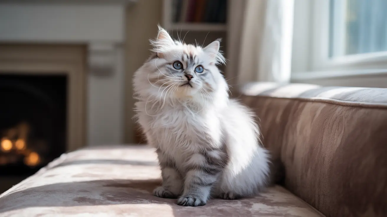 Un gato Ragdoll blanco y gris sentado elegantemente en un sofá cerca de una chimenea iluminada por suave luz de ventana.