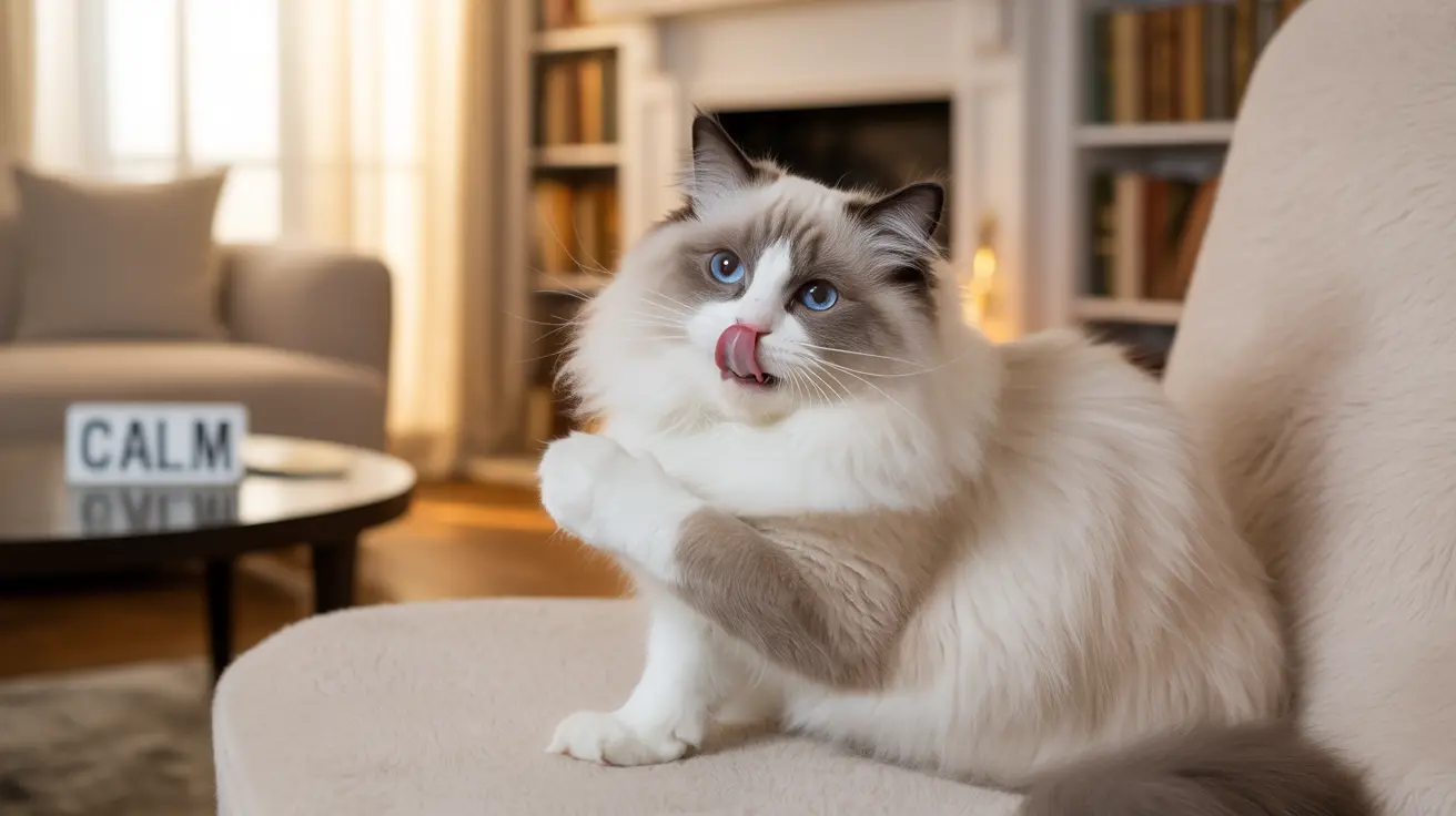 Un chat Ragdoll blanc et gris duveteux assis sur une chaise claire, se léchant les lèvres
