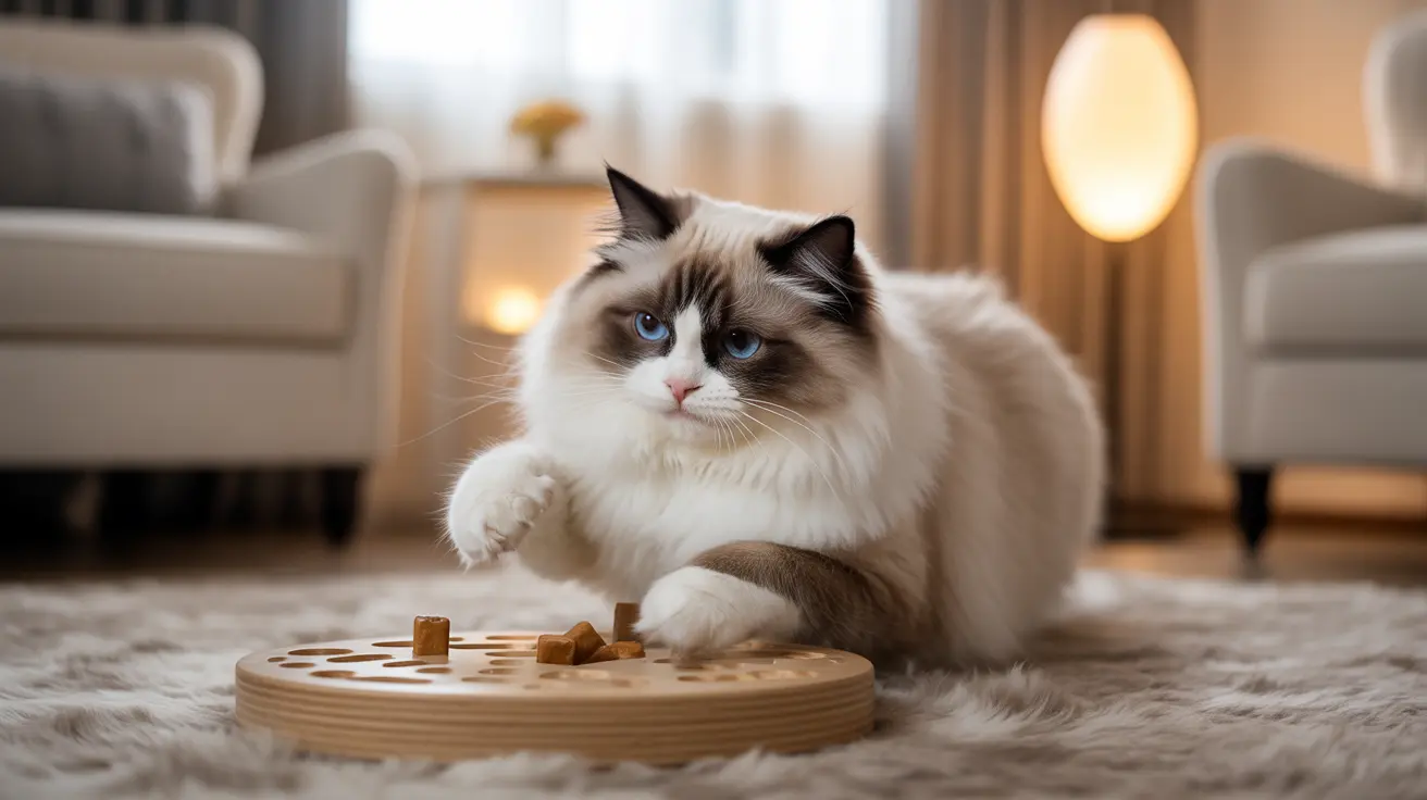 Un gato Ragdoll sentado sobre una alfombra suave junto a un comedero de rompecabezas de madera, mostrando ojos azules llamativos y una expresión contemplativa.