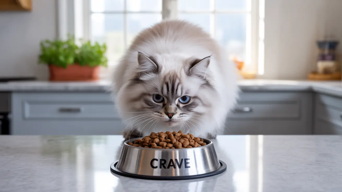 Un gato Ragdoll blanco y gris, esponjoso, sentado frente a un tazón de comida lleno en una cocina iluminada