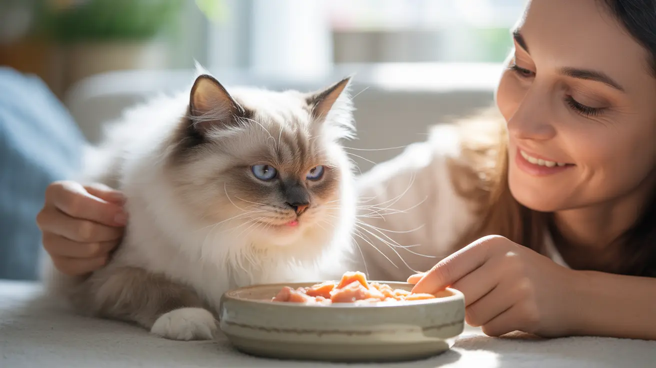 A Ragdoll cat sitting near a food bowl while a smiling person prepares or offers food