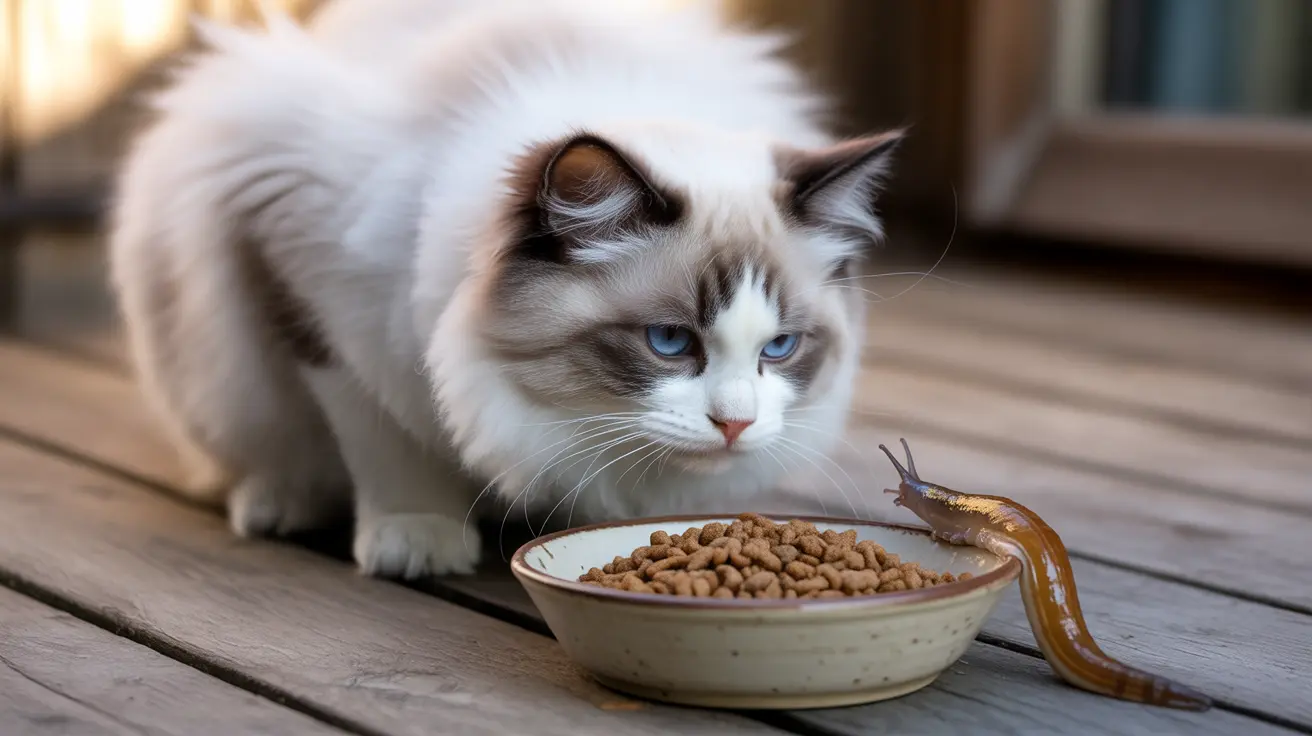 White and gray Ragdoll cat sitting next to a bowl of cat food with a slug nearby