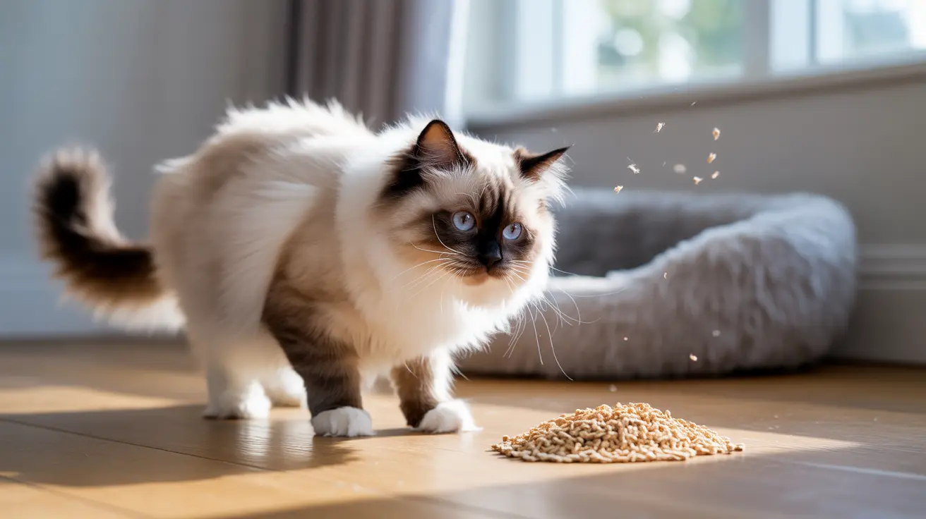 A Ragdoll cat standing near a pile of cat food with scattered food particles in the air