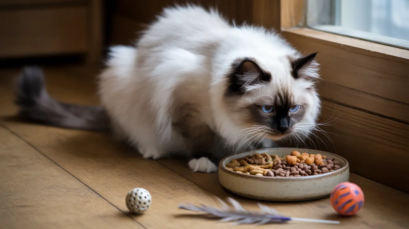 A fluffy white and dark-faced Ragdoll cat sitting near a bowl of cat food and some cat toys
