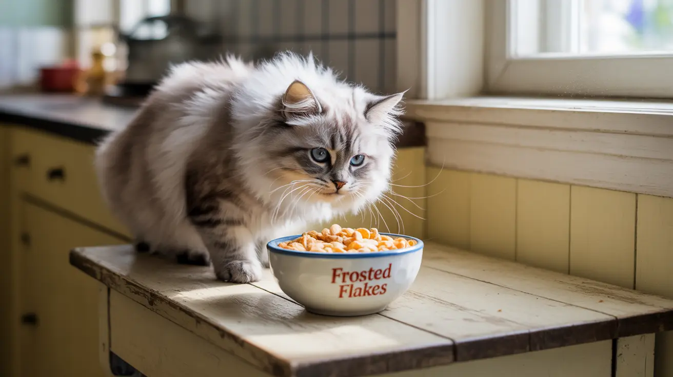 A fluffy white and gray Ragdoll cat sitting next to a bowl of Frosted Flakes cereal on a rustic wooden surface near a window
