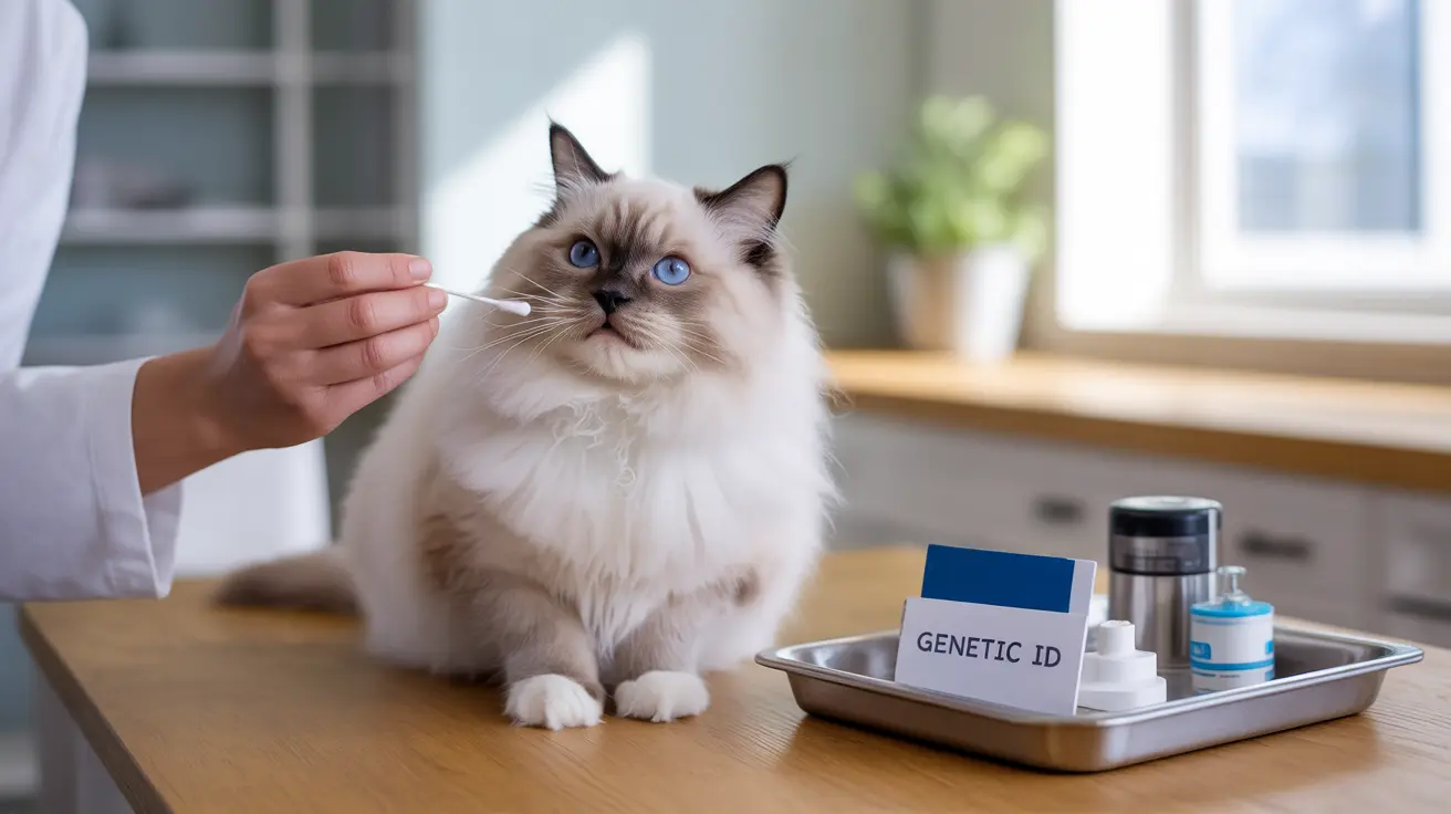 A fluffy white and cream Ragdoll cat being swabbed for a genetic test