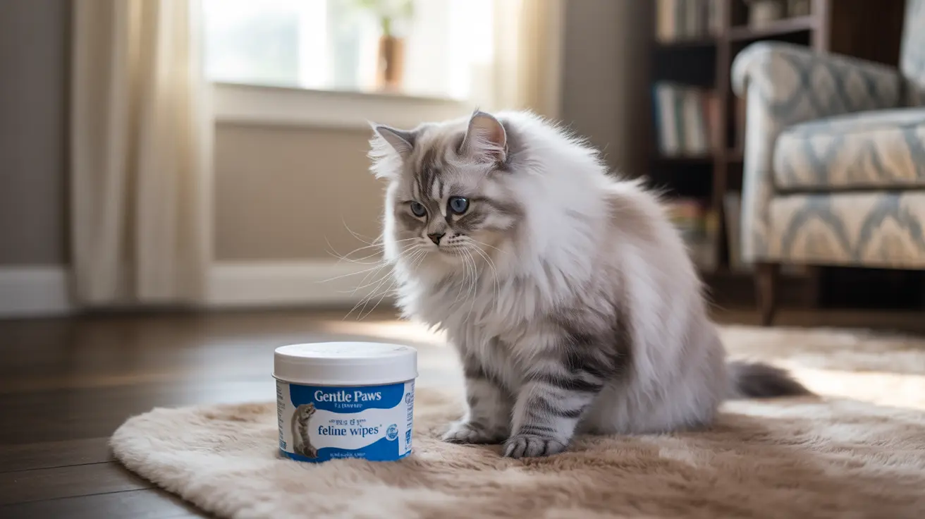 Un gato Ragdoll esponjoso blanco y gris sentado al lado de un recipiente de toallitas felinas Gentle Paws sobre una suave alfombra beige.