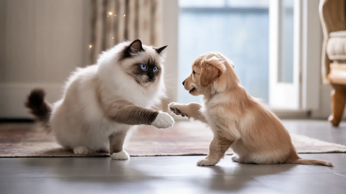 A Ragdoll cat and a Golden Retriever puppy interacting playfully on a living room floor