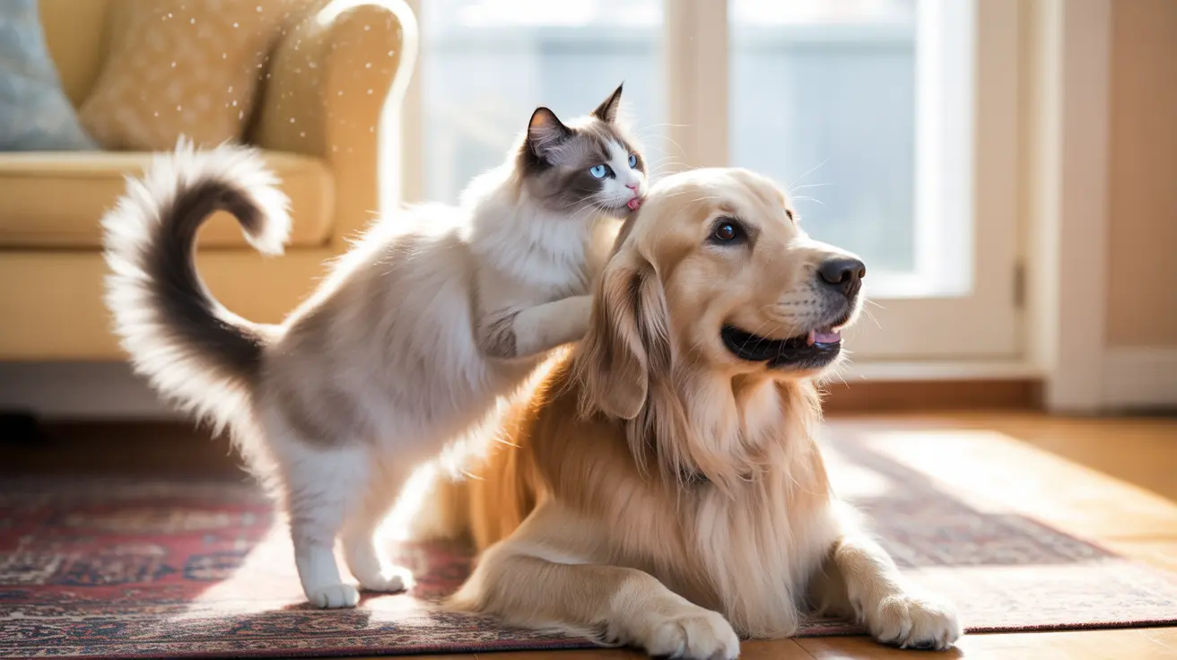 A Ragdoll cat standing next to a Golden Retriever sitting on a patterned rug near a sunny window