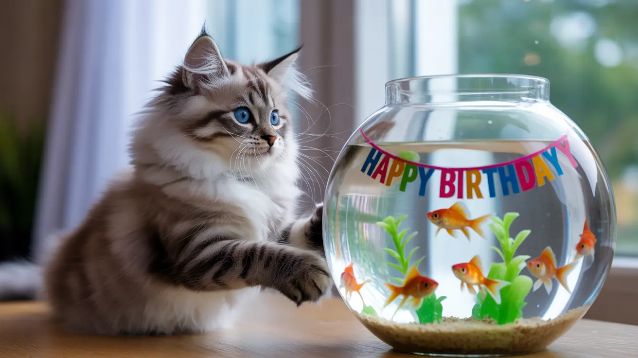 A fluffy Ragdoll cat sitting next to a fishbowl with goldfish and a 'Happy Birthday' banner
