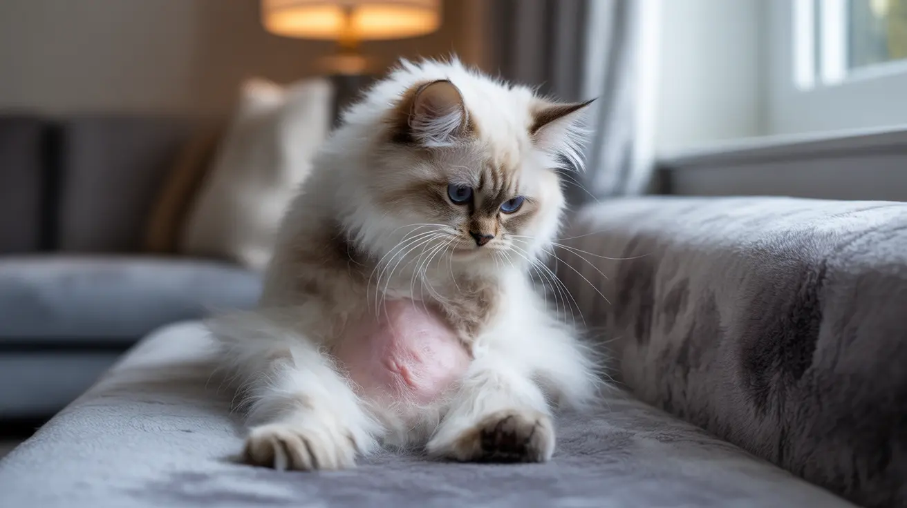 Fluffy white and cream Ragdoll cat sitting regally on a gray couch near a window
