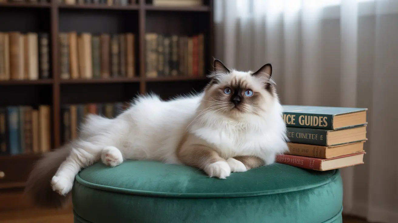 Un elegante gato Ragdoll está sentado en un otomano de terciopelo verde, rodeado de libros en un ambiente acogedor de biblioteca.