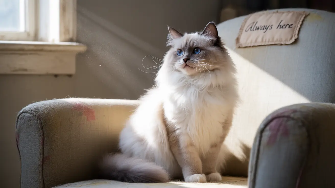 A majestic Ragdoll cat sitting regally on a grey armchair near a sunlit window.