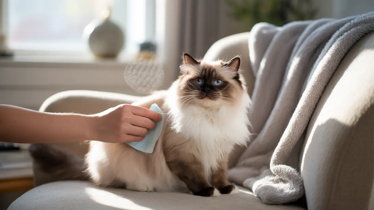 A fluffy Ragdoll cat on a grey couch being brushed with a blue grooming tool