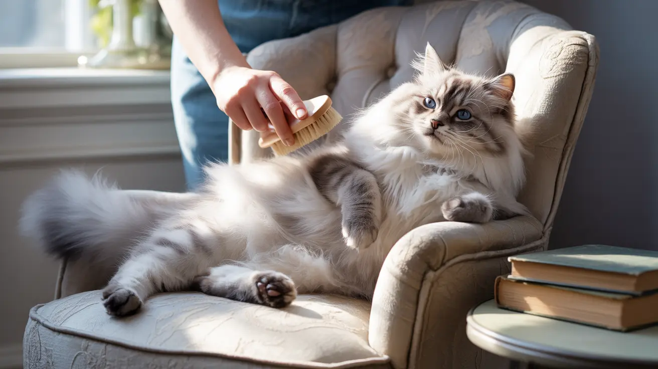 A fluffy white and gray Ragdoll cat being groomed with a brush on a comfortable armchair