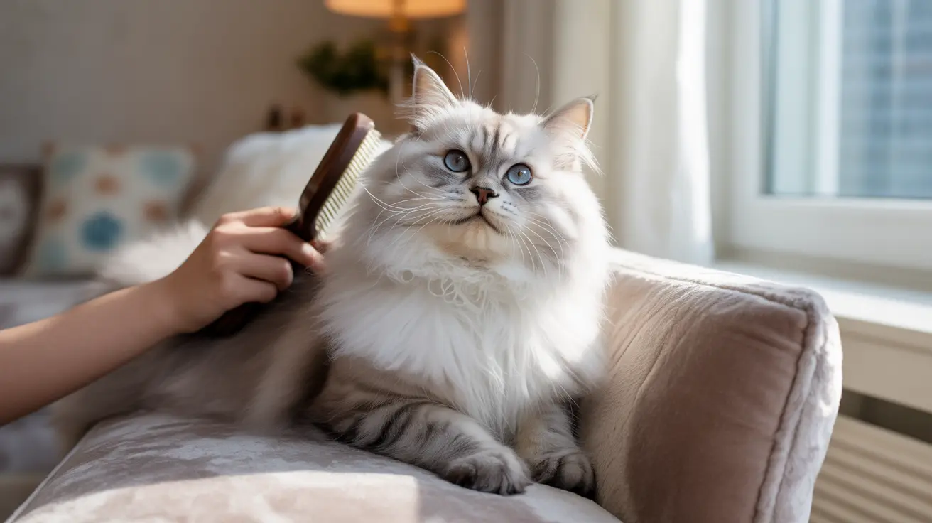 Fluffy white and gray Ragdoll cat being gently groomed with a brush on a beige couch near a window