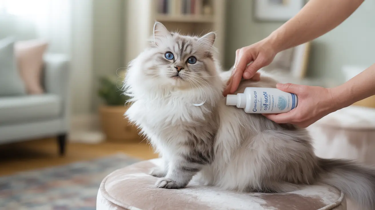 A fluffy white and gray Ragdoll cat being groomed with a pet care product