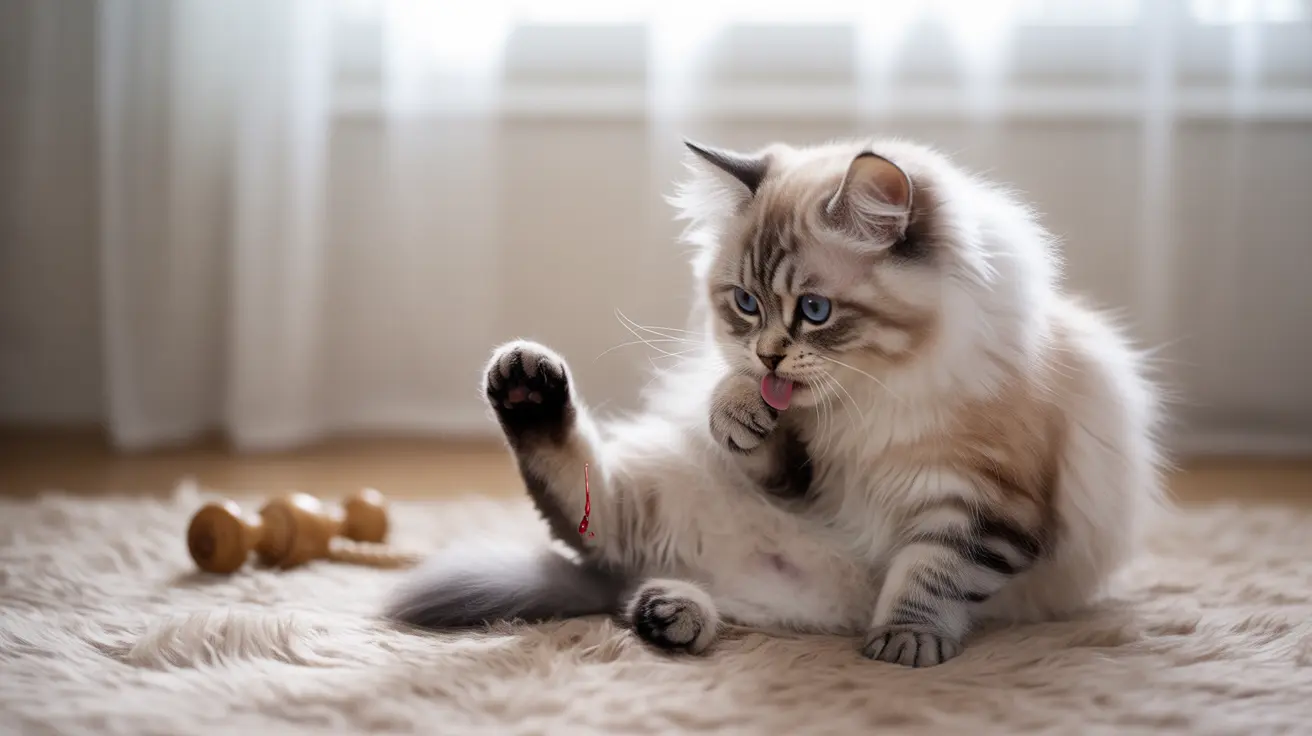 A fluffy white and gray Ragdoll cat sitting on a soft rug, playfully grooming itself with its tongue out