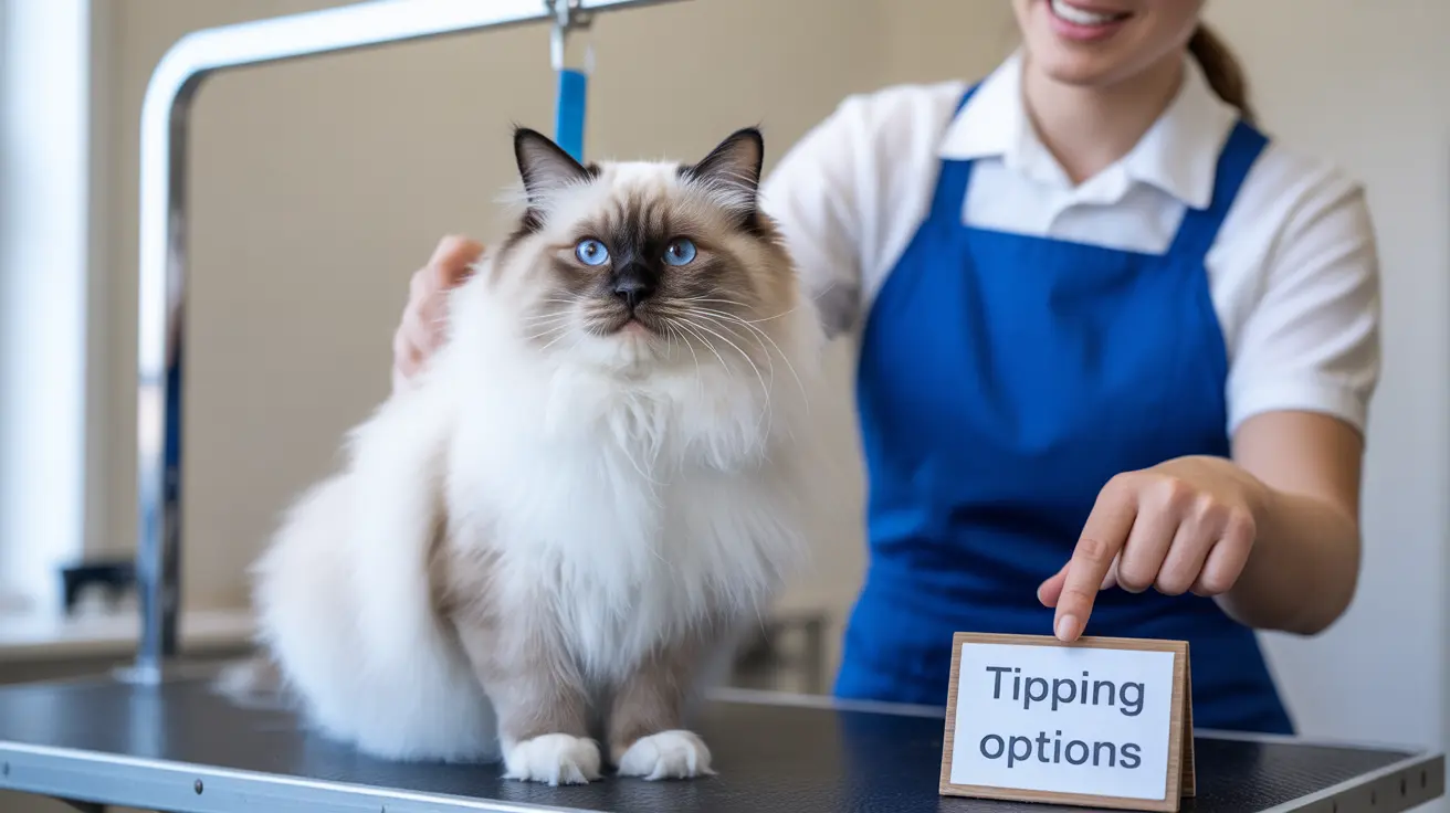 A fluffy white and brown Ragdoll cat sitting on a grooming table with a veterinary professional in the background