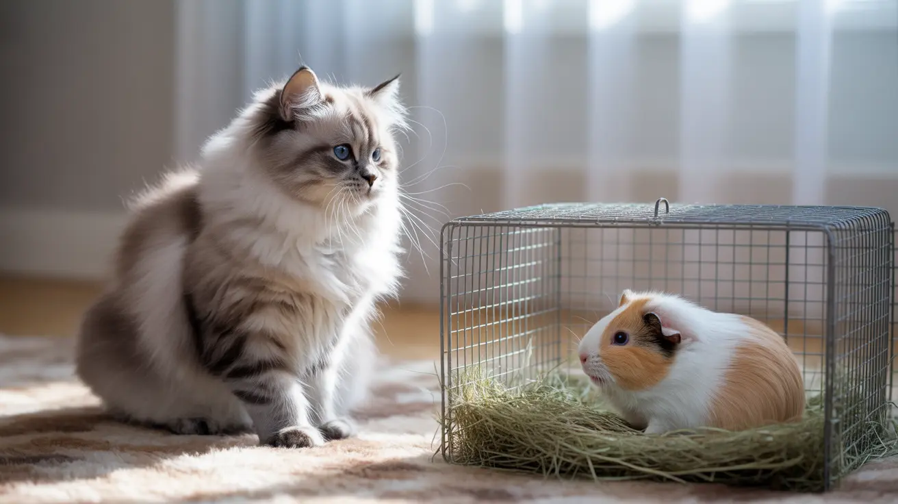 A fluffy Ragdoll cat sitting near a wire cage containing a guinea pig on a textured carpet