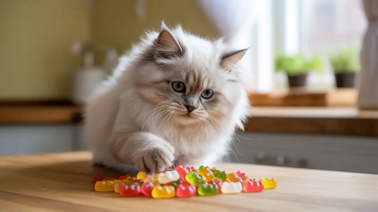 もこもこの白いラグドール猫が木の台に座り、前にカラフルなグミベアが広がっている様子