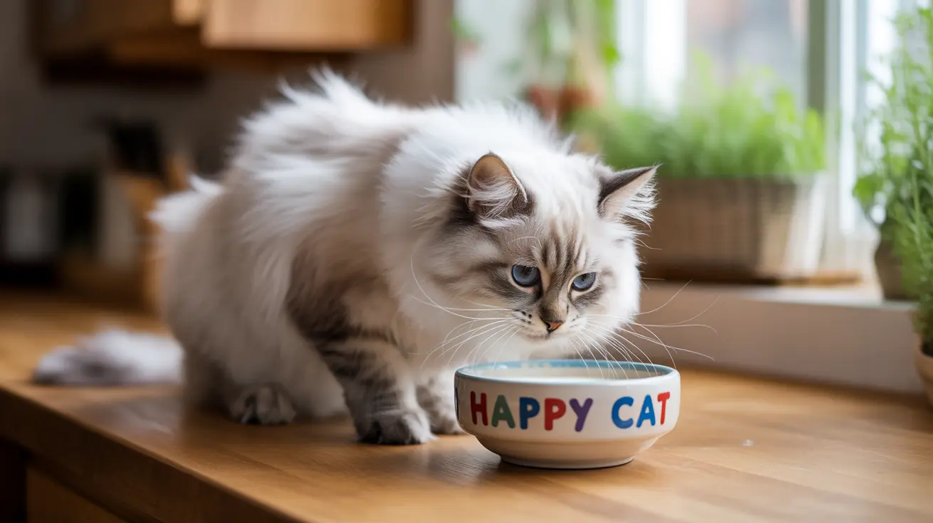 A fluffy white and gray Ragdoll cat sitting next to a colorful 'HAPPY CAT' food bowl