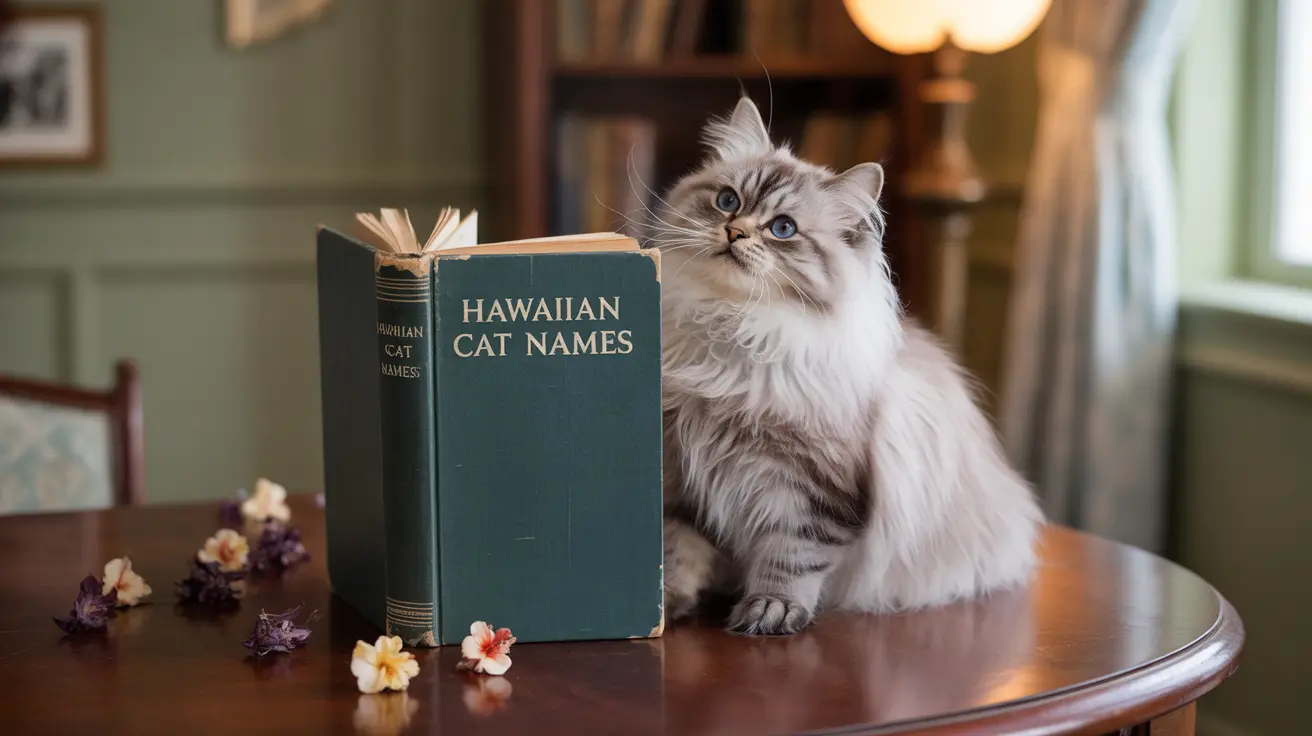 A fluffy white and gray Ragdoll cat sitting next to a book titled 'Hawaiian Cat Names'