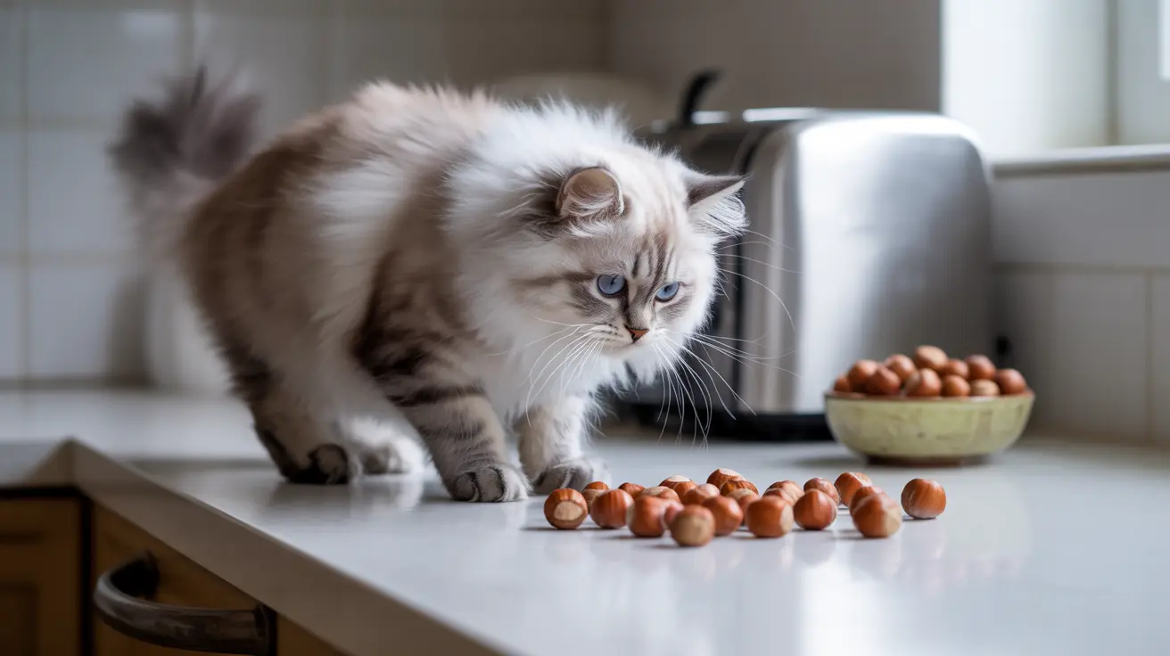 A fluffy white and gray Ragdoll cat near a bowl of hazelnuts on a kitchen counter