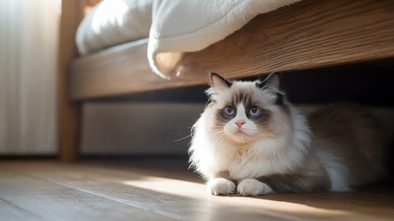 A fluffy Ragdoll cat sitting calmly under a piece of furniture with soft sunlight illuminating its fur