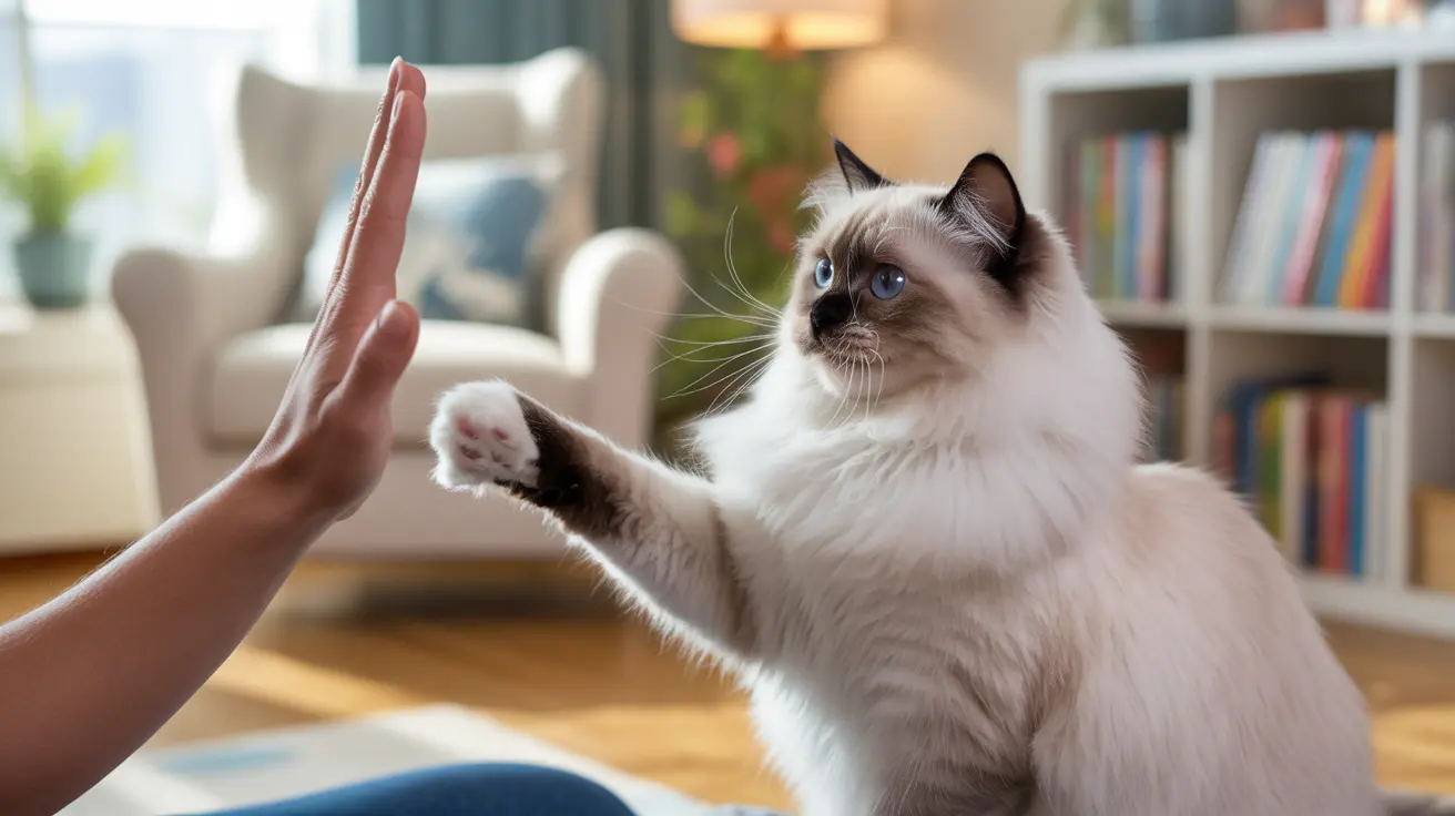 A fluffy Ragdoll cat giving a high-five to a hand in a cozy living room setting