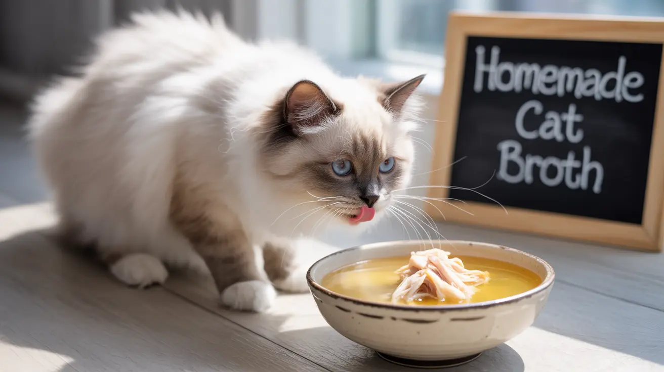 A Ragdoll cat sitting next to a bowl of homemade broth, with its tongue out