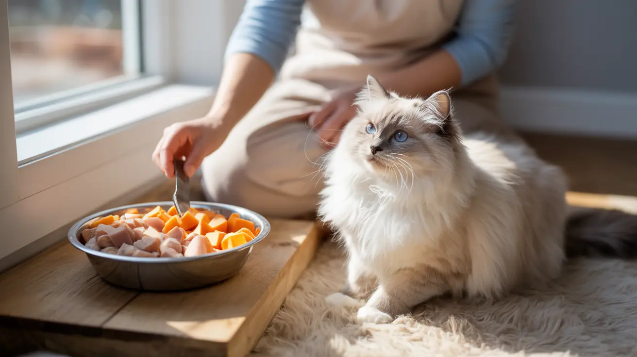 A fluffy white and cream Ragdoll cat near a bowl with a person preparing food