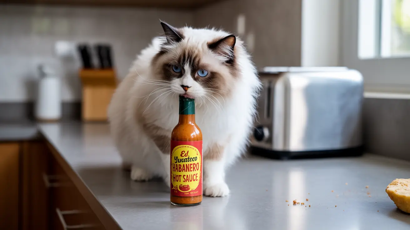 Fluffy white and brown Ragdoll cat sitting next to a bottle of El Yucateco Habanero Hot Sauce on kitchen counter