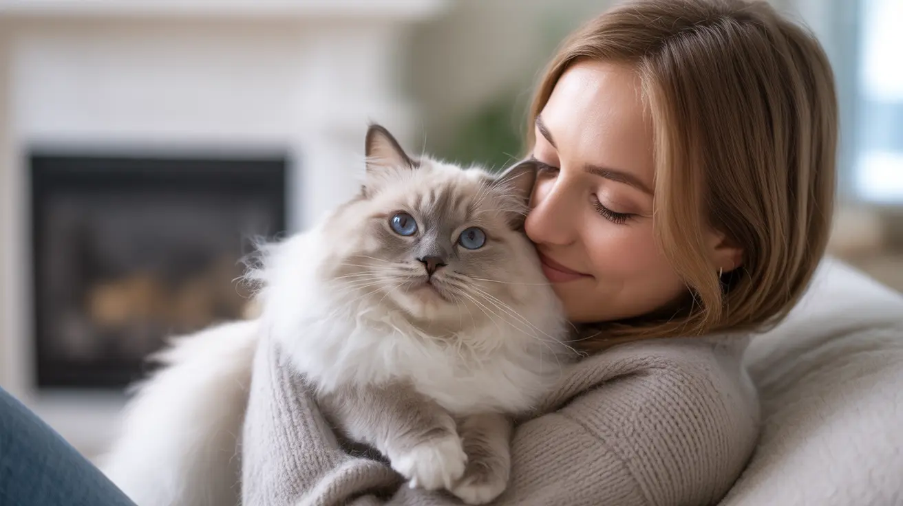 A fluffy white Ragdoll cat being tenderly embraced and cuddled by a person at home